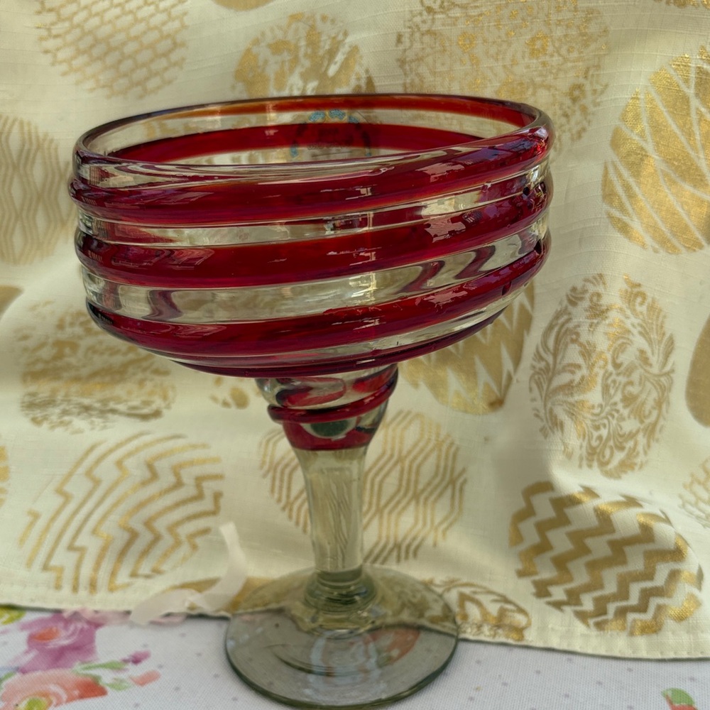 Handblown Red Stripe Glass Coupe - Decorative Serving Glass
